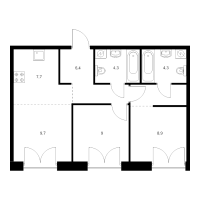 3 ккв (Евро) № 12.2.3 Корп.: 2.2 , Секция 12  в ЖК Лермонтовский 54