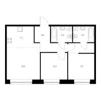 3 ккв (Евро) № 9.1.8 Корп.: 2.2 , Секция 9  в ЖК Лермонтовский 54