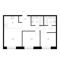 3 ккв (Евро) № 13.1.5 Корп.: 2.2 , Секция 13  в ЖК Лермонтовский 54