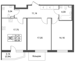 3 ккв (Евро) № 1.2-9 Корп.: 2 , Секция 1  в ЖК Лето