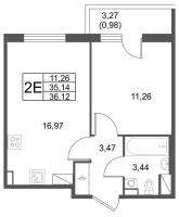 2 ккв (Евро) № 1.3-14 Корп.: 2 , Секция 1  в ЖК Лето
