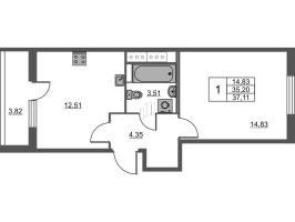 1 ккв № 2.7-111 Корп.: 1 , Секция 2  в ЖК Лето