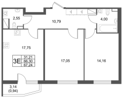 3 ккв (Евро) № 1.3-18 Корп.: 2 , Секция 1  в ЖК Лето