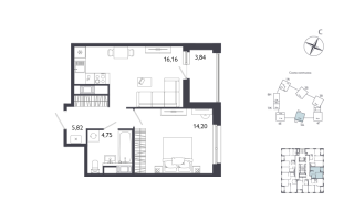 2 ккв (Евро) № 412 Корп.: 1 , Секция 5  в ЖК Лиггат