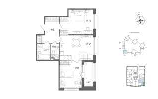 3 ккв (Евро) № 513 Корп.: 1 , Секция 6  в ЖК Лиггат