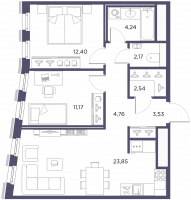 3 ккв (Евро) № 45 Корп.: 1 , Секция 1  в ЖК Лисичанская, 22