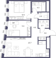 3 ккв (Евро) № 7 Корп.: 1 , Секция 1  в ЖК Лисичанская, 22