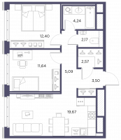 3 ккв (Евро) № 83 Корп.: 1 , Секция 1  в ЖК Лисичанская, 22
