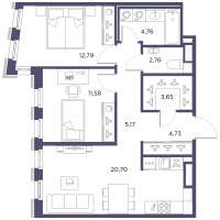 3 ккв (Евро) № 25 Корп.: 1 , Секция 1  в ЖК Лисичанская, 22