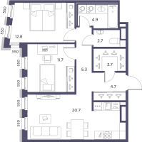 3 ккв (Евро) № 6 Корп.: 1 , Секция 1  в ЖК Лисичанская, 22