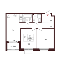 3 ккв (Евро) № 48 Корп.: 2.1 , Секция 2  в ЖК Лисино
