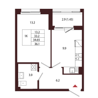1 ккв № 36 Корп.: 2.3 , Секция 3  в ЖК Лисино