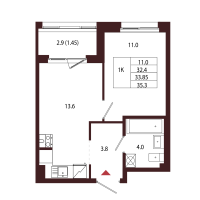 1 ккв № 37 Корп.: 2.3 , Секция 3  в ЖК Лисино