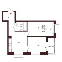 2 ккв № 68 Корп.: 2.1 , Секция 3  в ЖК Лисино