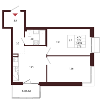 2 ккв № 34 Корп.: 2.2 , Секция 2  в ЖК Лисино