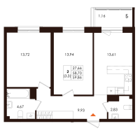 2 ккв № 60 Корп.: 1.4 , Секция 3  в ЖК Лисино