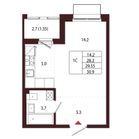 Студия № 16 Корп.: 2.1 , Секция 1  в ЖК Лисино