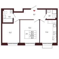 2 ккв № 11 Корп.: 2.1 , Секция 1  в ЖК Лисино