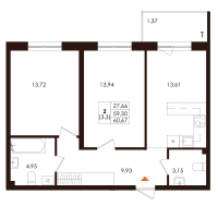 2 ккв № 41 Корп.: 1.4 , Секция 3  в ЖК Лисино