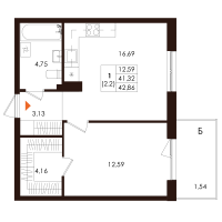 2 ккв (Евро) № 27 Корп.: 1.4 , Секция 2  в ЖК Лисино