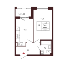 1 ккв № 12 Корп.: 2.4 , Секция 1  в ЖК Лисино