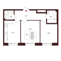 2 ккв № 108 Корп.: 2.2 , Секция 6  в ЖК Лисино