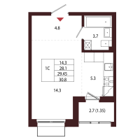 Студия № 26 Корп.: 2.3 , Секция 2  в ЖК Лисино