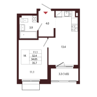 1 ккв № 52 Корп.: 2.1 , Секция 2  в ЖК Лисино