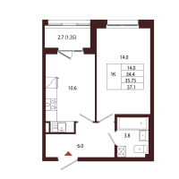 1 ккв № 5 Корп.: 2.4 , Секция 1  в ЖК Лисино