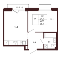 1 ккв № 14 Корп.: 2.2 , Секция 1  в ЖК Лисино