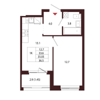 1 ккв № 4 Корп.: 2.2 , Секция 1  в ЖК Лисино
