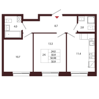 2 ккв № 1 Корп.: 2.1 , Секция 1  в ЖК Лисино