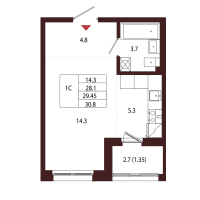 Студия № 21 Корп.: 2.3 , Секция 2  в ЖК Лисино