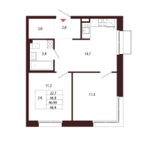 2 ккв № 116 Корп.: 2.2 , Секция 6  в ЖК Лисино