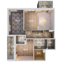 3 ккв (Евро) № 5 Корп.: 1.8 , Секция 1  в ЖК Лисино