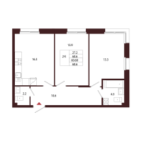 3 ккв (Евро) № 106 Корп.: 2.2 , Секция 6  в ЖК Лисино