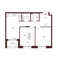 3 ккв (Евро) № 43 Корп.: 2.1 , Секция 2  в ЖК Лисино