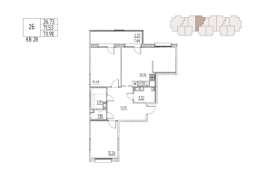 3 ккв (Евро) № 28 Корп.: 12 , Секция 2  в ЖК Loft у озера