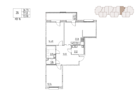 3 ккв (Евро) № 16 Корп.: 12 , Секция 1  в ЖК Loft у озера