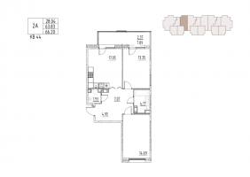 3 ккв (Евро) № 44 Корп.: 12 , Секция 3  в ЖК Loft у озера