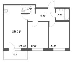 3 ккв (Евро) № 212 Корп.: 5.5 Уч. Золотая рыбка , Секция 6  в ЖК Любоград