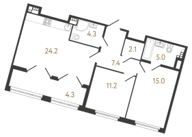 3 ккв (Евро) № 34 Корп.: 1 , Секция 2  в ЖК МИРЪ