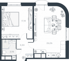 2 ккв (Евро) № 102 Корп.: 1 , Секция 2  в ЖК MONODOM-ART
