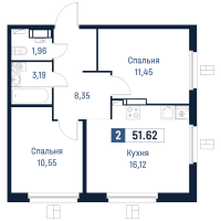 3 ккв (Евро) № 612 Корп.: 2 , Секция 5  в ЖК Максималист