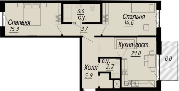 3 ккв (Евро) № 6.29.11 Дом: 27 , Секция 11  в ЖК Meltzer Hall