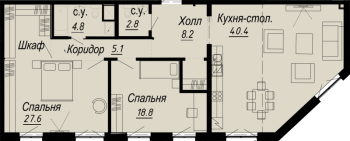 3 ккв (Евро) № 4.6.2 Дом: 27 , Секция 2  в ЖК Meltzer Hall
