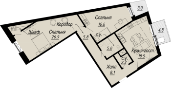 3 ккв (Евро) № 6.1.1 Дом: 27 , Секция 1  в ЖК Meltzer Hall
