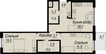 3 ккв (Евро) № 6.21.8 Дом: 27 , Секция 8  в ЖК Meltzer Hall