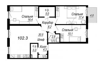 3 ккв № 3.25.10 Дом: 27 , Секция 10  в ЖК Meltzer Hall