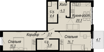 3 ккв (Евро) № 4.29.10 Дом: 27 , Секция 10  в ЖК Meltzer Hall